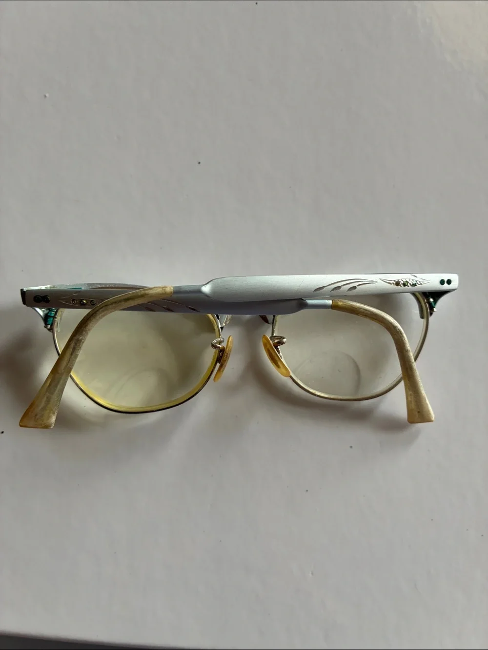 Vintage 1950’s Silver and Gold Cat Eye Aluminum Glasses with Floral Engraving